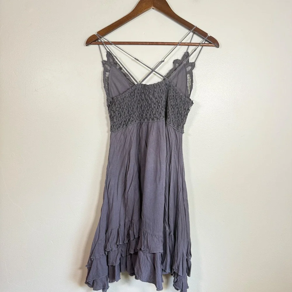 Free People Adella Crochet Lace Boho Ruffle Slip Dress Size Small Gray